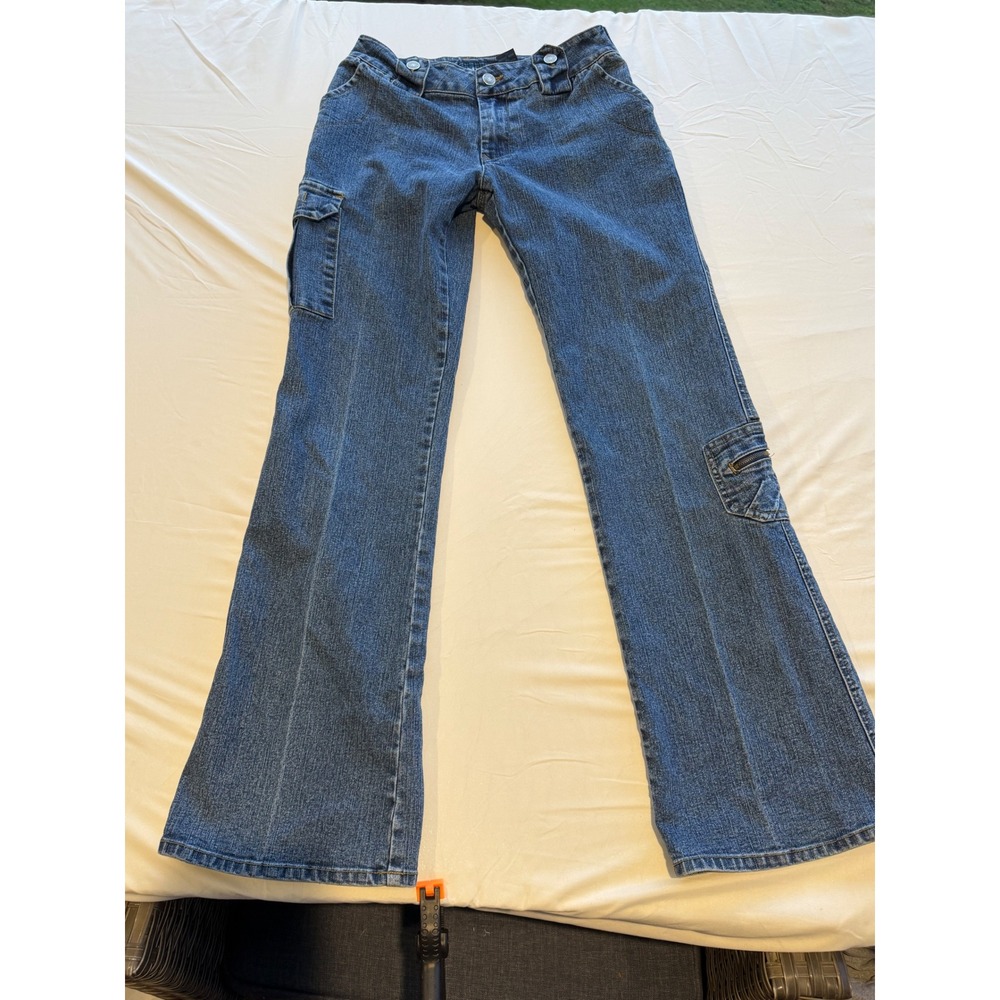 Adolfo Blue Womens Cargo Flare Jeans Medium Wash Blue Y2K Utility Denim Size 4